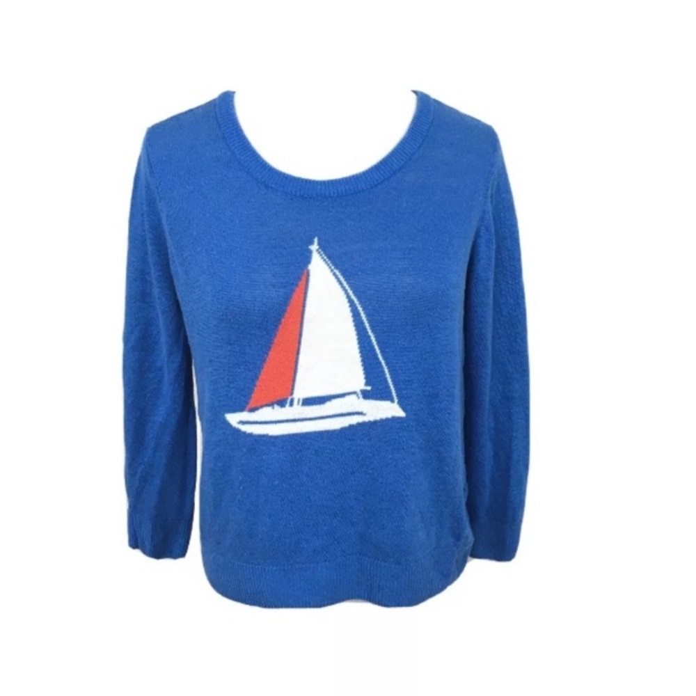 Joie Evaline Nautical Blue Sailboat‎ Linen Blend Sweater Top Women’s Sz Small
